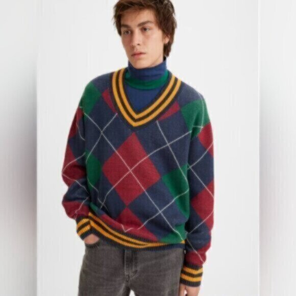 LEVI'S Preppy Argyle RETRO 90's Stay Loose Oversized V-Neck Sweater Sz Large - Picture 13 of 16